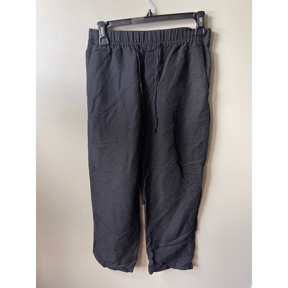 HM Linen Blend Drawstring Pants Black Elastic Waist Relaxed Straight Leg XS
